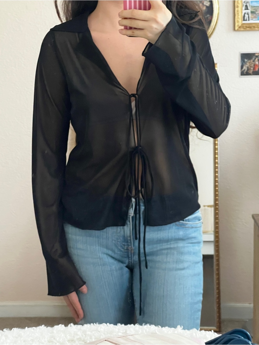 Black Sheer Tie Front Top | Long Sleeve Mesh Blouse | Y2K